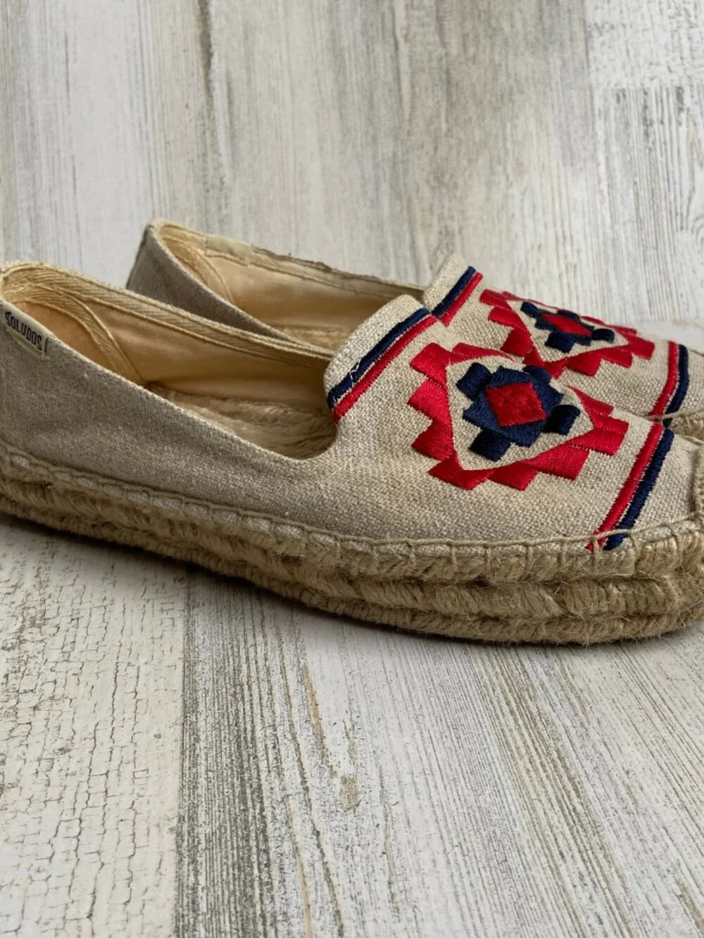 Soludos Size 7.5 Embroidered Espadrille Flats Canvas Slip On Shoes